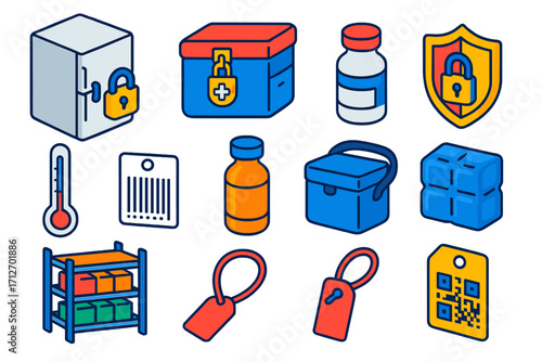 Safe Storage Icons. Isometric vector illustration set Safe storage solutions: lockable refrigerator, vaccine box, medical bottle,