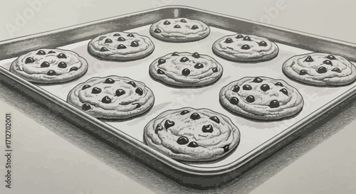 Chocolate chip cookies on a baking sheet, delicious treat