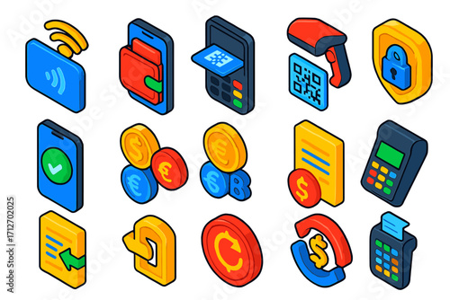 Digital Payment Icons. Isometric vector illustration set Digital payment systems: NFC payment icon, smartphone wallet, credit card