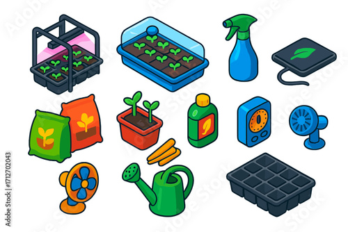 Seed Starting Essentials. Isometric vector illustration set Seed starting station: seed trays, grow lights, heat mat, humidity