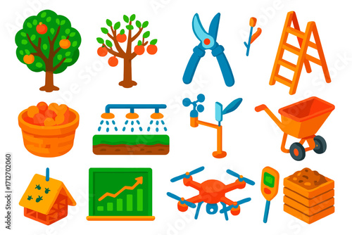 Orchard Management Icons. Isometric vector illustration set Orchard management: fruit trees, pruning shears, ladder, harvesting