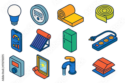 Energy Efficiency Icons. Isometric vector illustration set Energy efficiency solutions: LED light bulb, smart meter, insulation