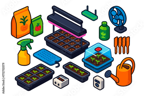 Seed Starting Essentials. Isometric vector illustration set Seed starting station: seed trays, grow lights, heat mat, humidity
