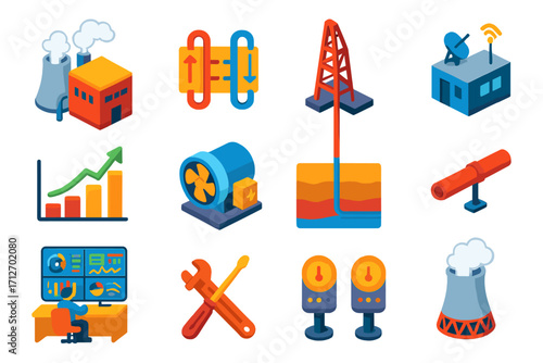 Geothermal Energy Icons. Isometric vector illustration set Geothermal energy: geothermal plant, heat exchanger, drilling rig,