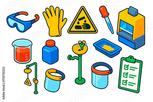 Chemical Lab Safety Icons. Isometric vector illustration set Chemical testing safety: safety goggles, gloves, hazard sign, pipette