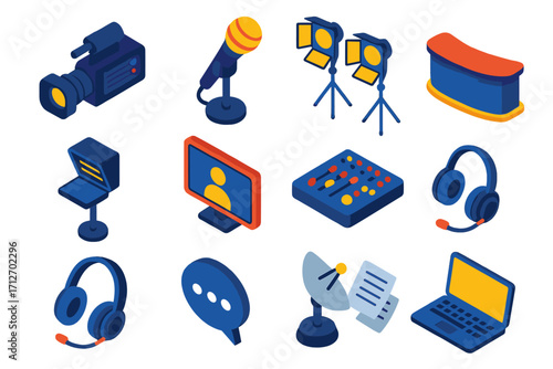 Media Broadcasting Icons. Isometric vector illustration set Media and broadcasting: camera, microphone, studio lights, news desk,