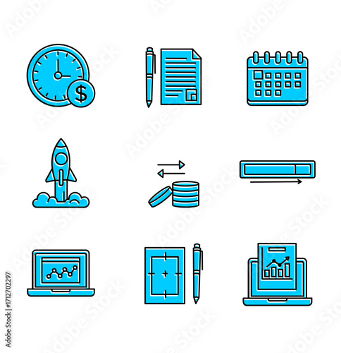 Business and Time Management Icons Representing Progress, Finance, and Project Execution with Modern Graphics