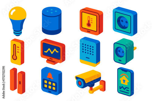 Smart Home Devices. Isometric vector illustration set Home automation devices: smart light bulb, voice assistant, thermostat