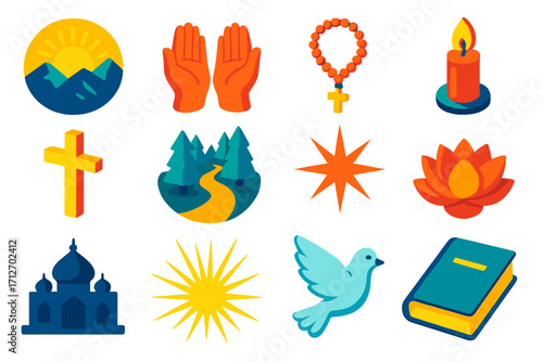 Sunrise and Hope Icons. Isometric vector illustration set Sunrise and hope: rising sun over mountains, open hands, candle, cross,