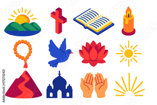 Morning Prayer Icons. Isometric vector illustration set Morning prayer: sunrise over hills, cross, open bible, candle, prayer
