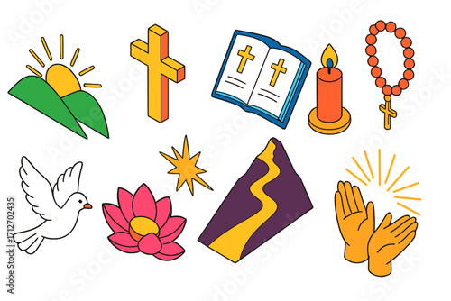 Morning Prayer Icons. Isometric vector illustration set Morning prayer: sunrise over hills, cross, open bible, candle, prayer