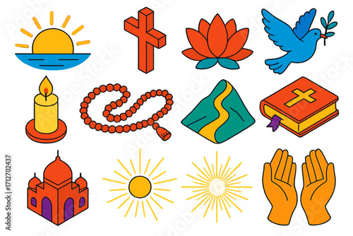 Sacred Harmony Icons. Isometric vector illustration set Sacred harmony: sunrise, cross, lotus flower, dove, candle, prayer beads,