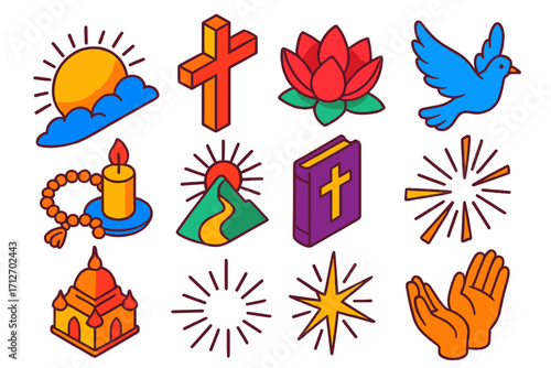 Sacred Harmony Icons. Isometric vector illustration set Sacred harmony: sunrise, cross, lotus flower, dove, candle, prayer beads,