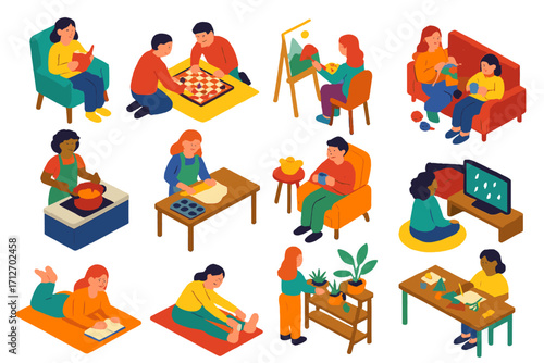 Rainy Day Hobbies. Isometric vector illustration set of rainy day activities: reading book, board games, painting, knitting,
