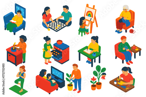 Rainy Day Hobbies. Isometric vector illustration set of rainy day activities: reading book, board games, painting, knitting,