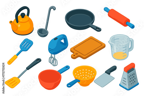 Vibrant Kitchen Tool Icons. Isometric vector illustration set of kitchen tools: vintage teapot, stainless ladle, cast iron pan,