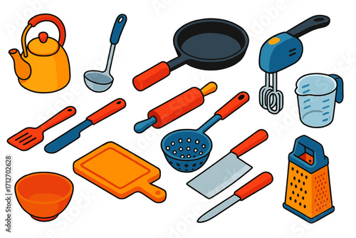 Vibrant Kitchen Tool Icons. Isometric vector illustration set of kitchen tools: vintage teapot, stainless ladle, cast iron pan,
