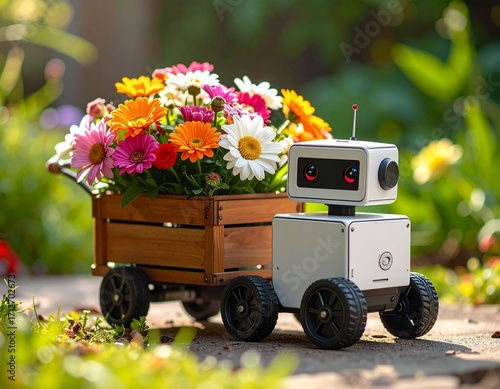 A small wheeled box robot is pulling a toy cart full of flowers on a wooden plank.