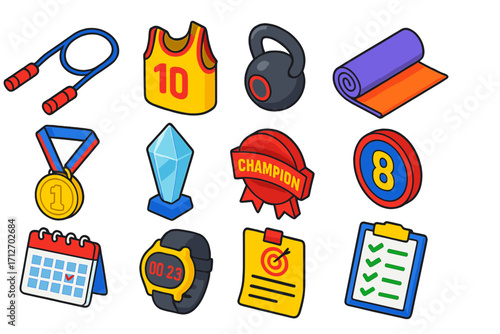 Fitness Icon Collection. Isometric vector illustration set of fitness, achievement, and schedule concepts: skipping rope, sports