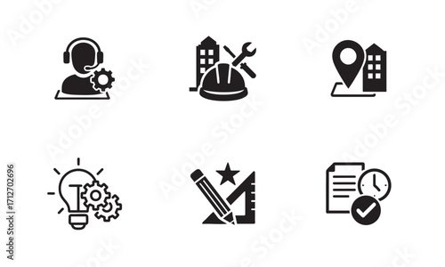Set of Black and White Background Engineering and Industry Icons Industrial Engineering, Support, and Development Icon Collection