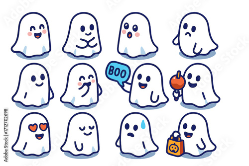 Colorful Ghost Emotions. Isometric vector illustration set of ghosts with various expressions: happy blushing ghost, shy ghost,