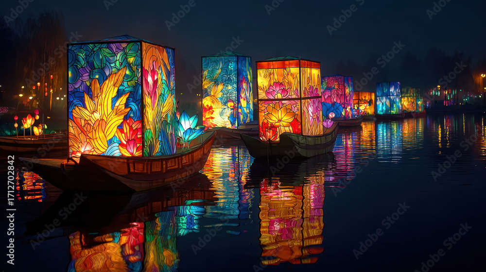 Naklejka premium Colorful illuminated lanterns floating on water in boats at night, surrounded by vibrant floral designs and reflections creating a magical festive atmosphere.