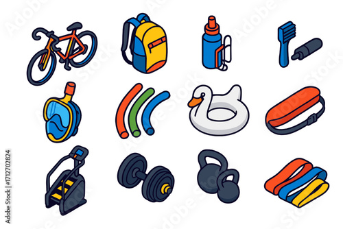 Fitness & Leisure Icons. Isometric vector illustration set of fitness and leisure activities: gravel bike, cycling backpack, water