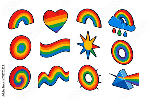 Vibrant Rainbow Elements. Isometric vector illustration set of rainbow elements: strong color rainbow arc, rainbow shaded heart,