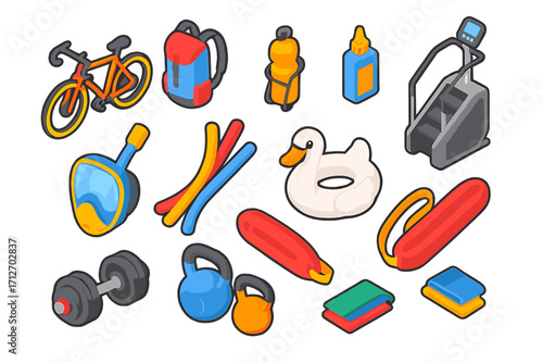 Fitness & Leisure Icons. Isometric vector illustration set of fitness and leisure activities: gravel bike, cycling backpack, water