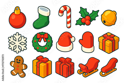 Festive Holiday Icons. Isometric vector illustration set of Christmas holiday elements: red ornament, green stocking with trim,