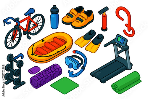 Fitness and Leisure Icons. Isometric vector illustration set of fitness and leisure activities: road racing bike, aero water