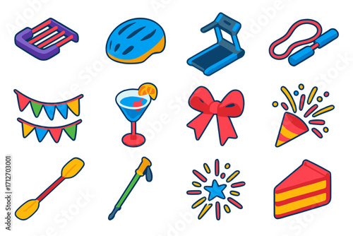 Active Celebrations Icons. Isometric vector illustration set of active living and celebration themes: resistance bands, cycling