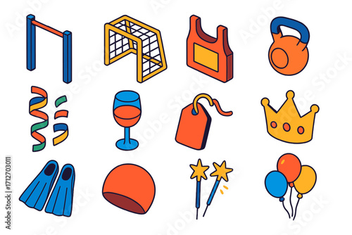 Active Celebration Icons. Isometric vector illustration set of active living and celebration themes: pull-up bar, soccer goal,