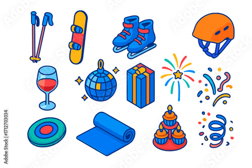 Active Celebration Icons. Isometric vector illustration set of active living and celebration themes: ski poles, snowboard, ice