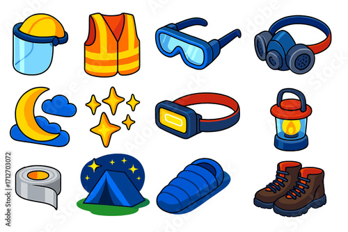 Nighttime Safety Gear Icons. Isometric vector illustration set of safety gear and nighttime elements: protective face shield, high