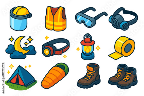 Nighttime Safety Gear Icons. Isometric vector illustration set of safety gear and nighttime elements: protective face shield, high