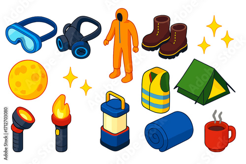 Safety Gear Nighttime Set. Isometric vector illustration set of safety gear and nighttime elements: safety goggles, respirator
