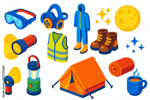 Safety Gear Nighttime Set. Isometric vector illustration set of safety gear and nighttime elements: safety goggles, respirator