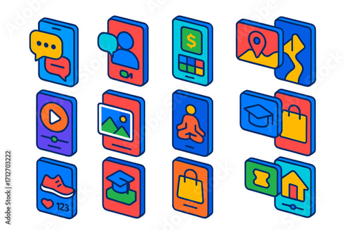 Vibrant App Icons. Isometric vector illustration set of mobile applications: messaging chat app, video calling app, budgeting tool