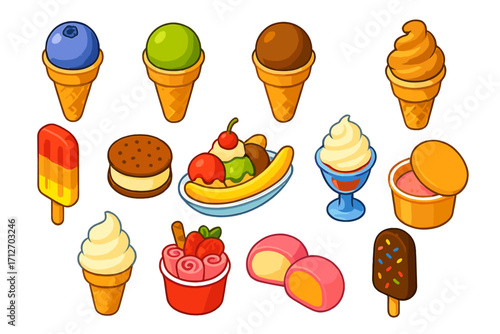 Vibrant Ice Cream Icons. Isometric vector illustration set of ice cream: waffle cone with blueberry scoop, waffle cone with