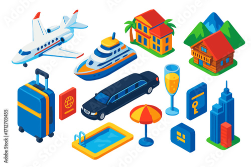 Luxury Travel Icons. Isometric vector illustration set Luxury Travel: private jet, yacht, tropical resort, suitcase, passport,