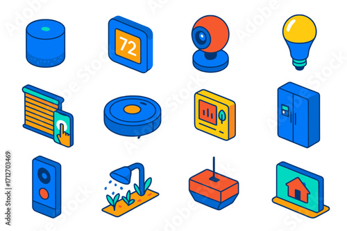 Smart Home Devices. Isometric vector illustration set Smart Home: smart speaker, thermostat, security camera, smart light bulb,