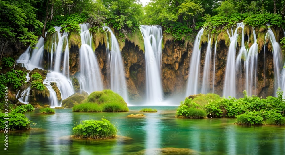 Obraz premium Waterfall in the forest park with flowing river and rocks