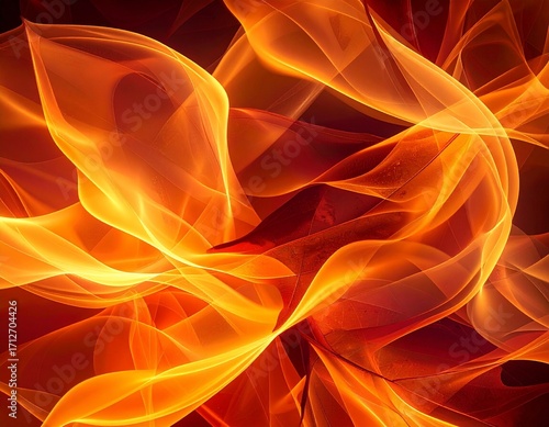 Abstract fiery orange and red flowing shapes creating a dynamic and energetic background.