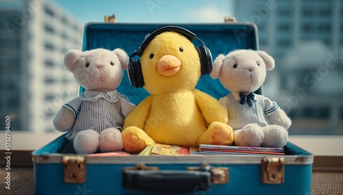 Children’s Toys and Books in Open Travel Suitcase, Cute Yellow Duck with Headphones and White Teddy Bears, Urban Office Skyline Background