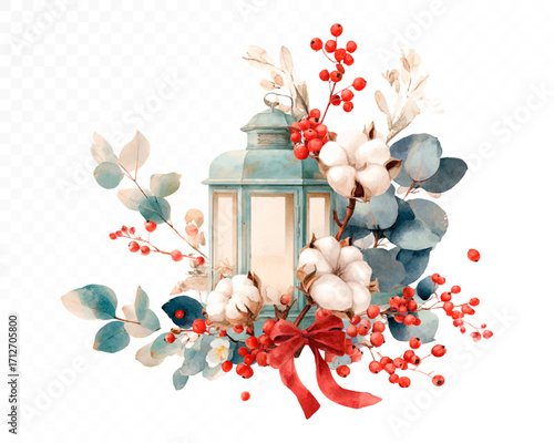 Watercolor Christmas lantern with glowing light, decorated with red bow, cotton flowers, eucalyptus greenery and bright red berries, festive holiday ornament. Vector illustration.