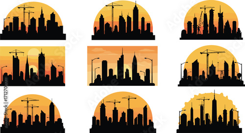 Black silhouette city skyline with construction cranes and sunset background vector illustration showing urban development, skyscrapers, bridges, and industrial buildings for architecture