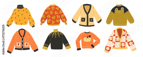 Set of warm autumn knitted sweaters and cardigans isolated on white background