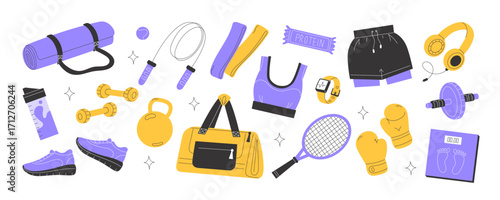 Large set of sport equipment including yoga mat dumbbells sneakers bag smartwatch gloves and clothing