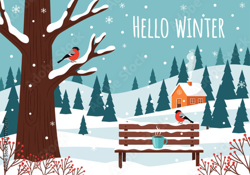 Winter Wonderland: Snowy Cabin, Bullfinches, and Warm Mug
